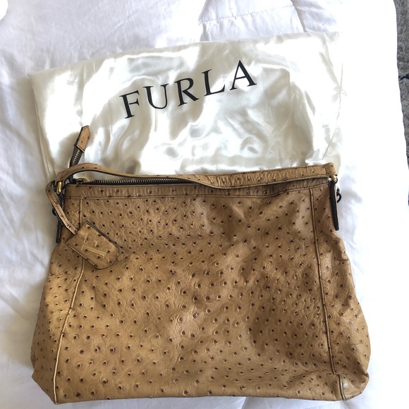 Furla Ostrich-Embossed Leather Satchel Bag - Picture 5 of 6